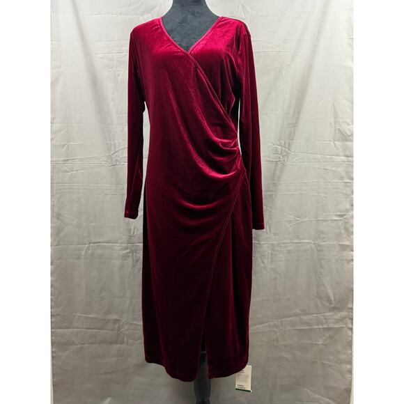 Halara Sangria V Neck Long Sleeve Ruched Split Velvet Midi Casual Dress, Size L - Picture 7 of 7